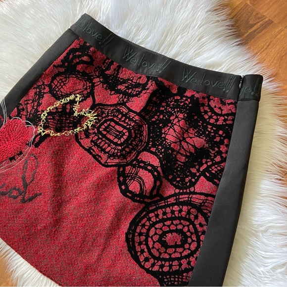 Desigual Embroidered Heart We Love Tweed Wool Blend Mini Skirt - Picture 6 of 16